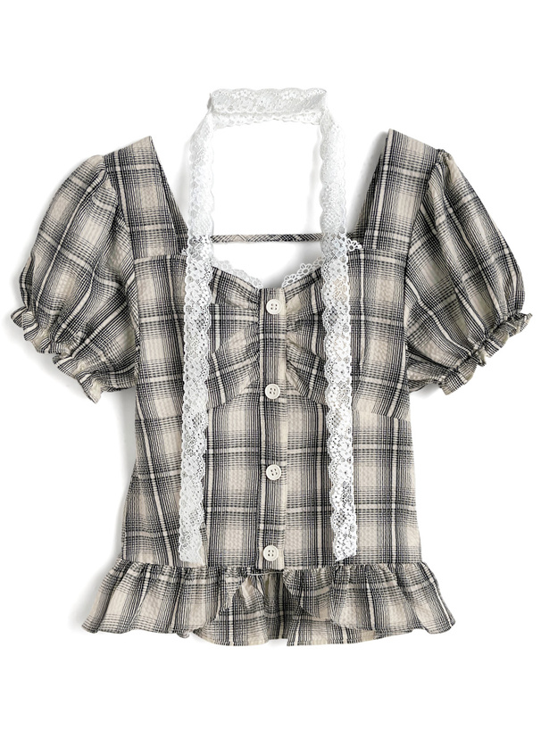 レースチョーカー付きチェック柄フリルブラウス[sd146]