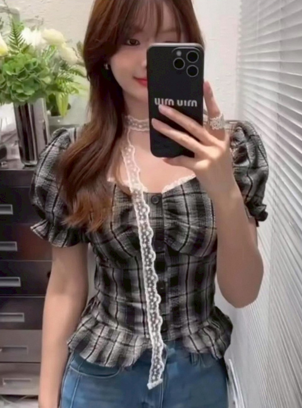 レースチョーカー付きチェック柄フリルブラウス[sd146] | レディース