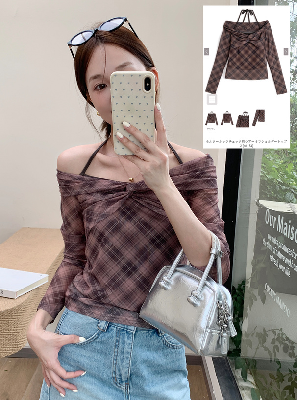 ホルターネックチェック柄シアーオフショルダートップス[sd154