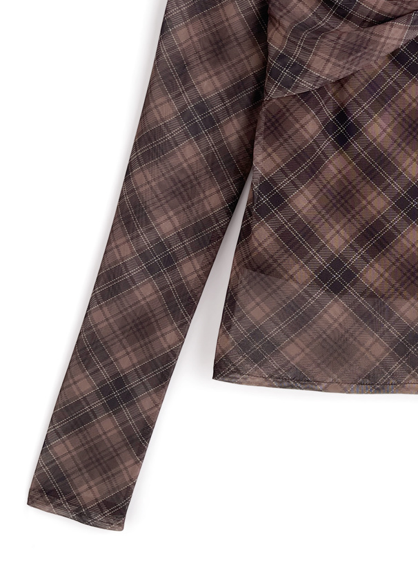 ホルターネックチェック柄シアーオフショルダートップス[sd154