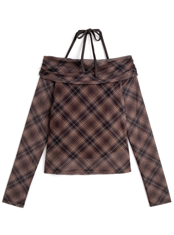 ホルターネックチェック柄シアーオフショルダートップス[sd154
