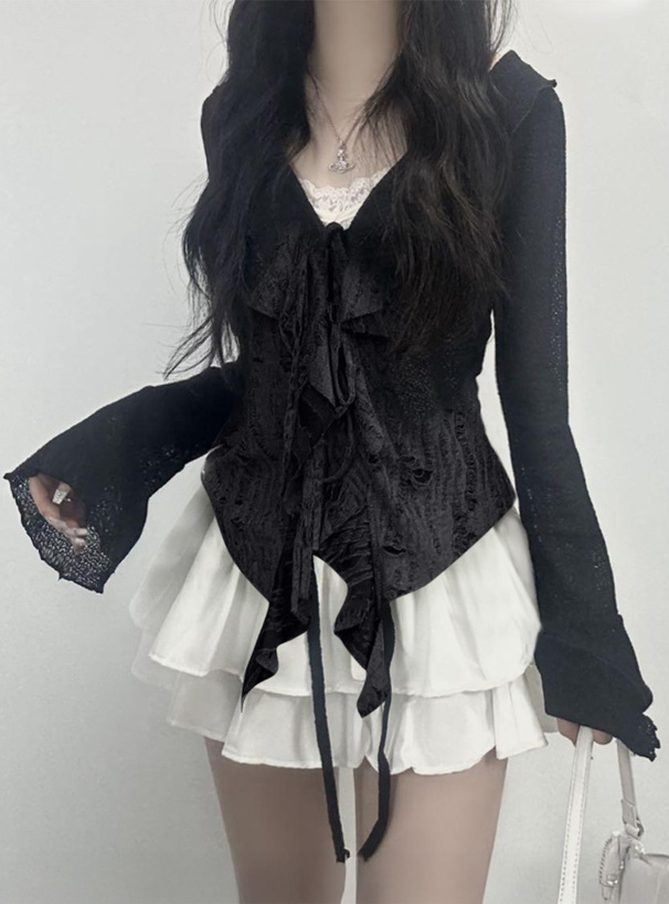 フロントリボンラッフルダメージカーディガン