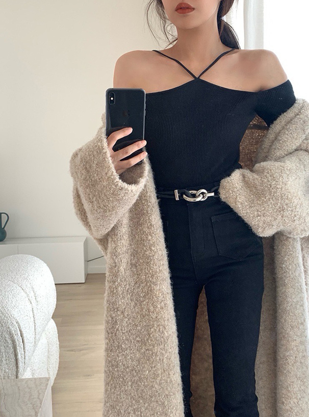 ホルターネックオフショルダーリブニットトップス