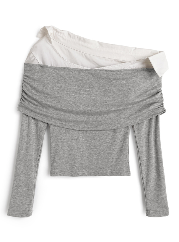 シャツドッキングオフショルダートップス