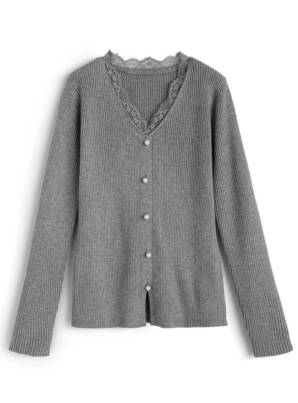パールボタンレースリブニットトップス