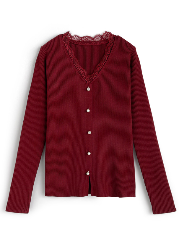 パールボタンレースリブニットトップス