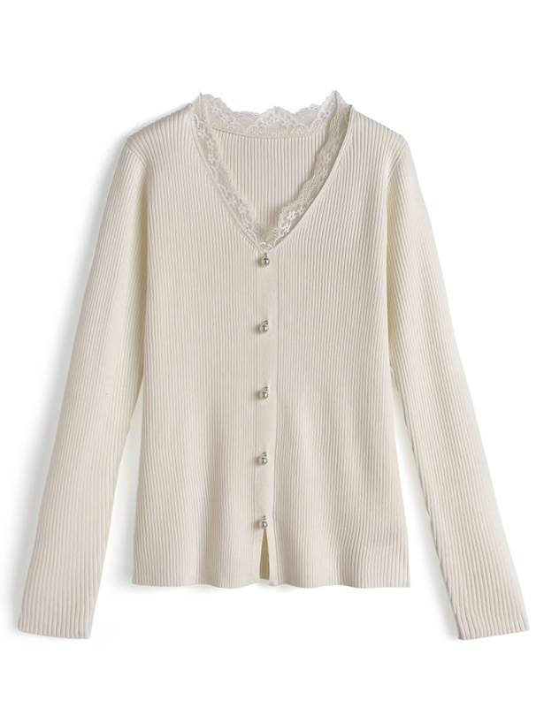 パールボタンレースリブニットトップス