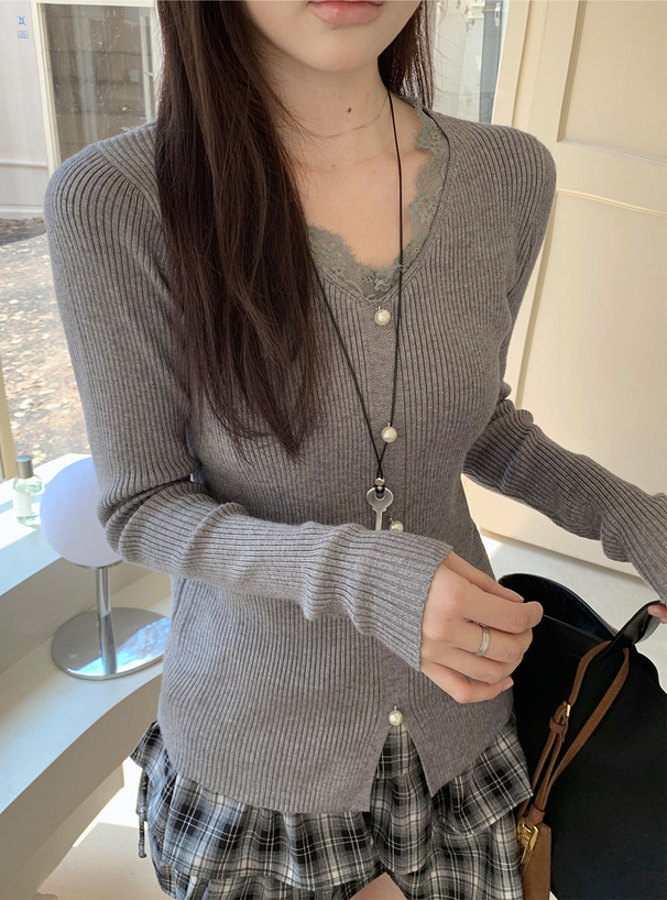 パールボタンレースリブニットトップス