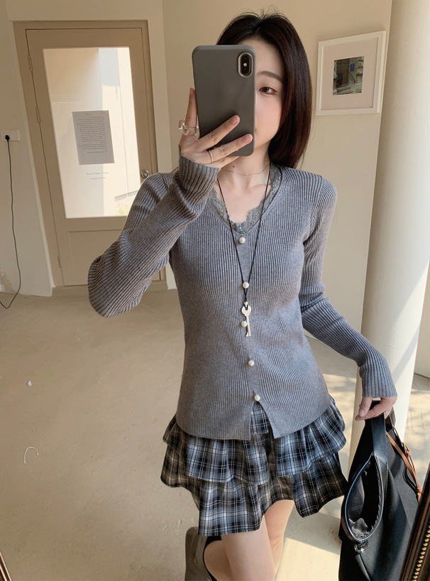 パールボタンレースリブニットトップス[sd177] | レディース