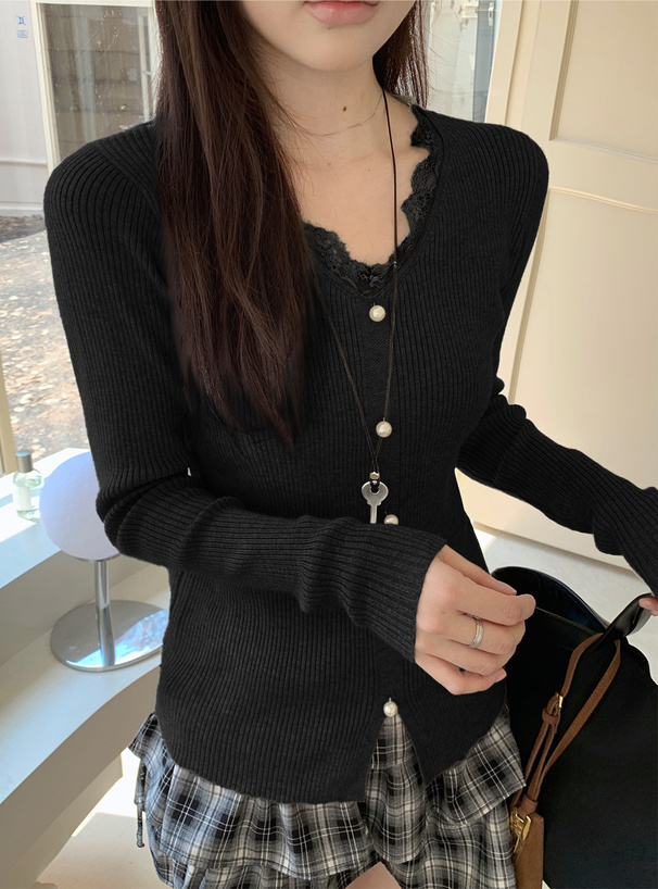 パールボタンレースリブニットトップス