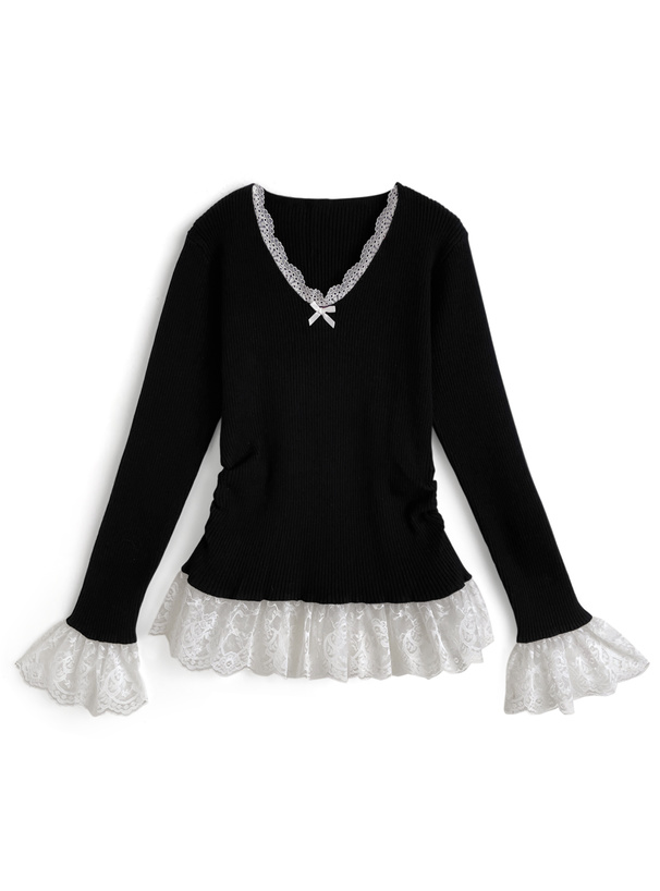 レースドッキングVネックリブニットトップス[sd180]