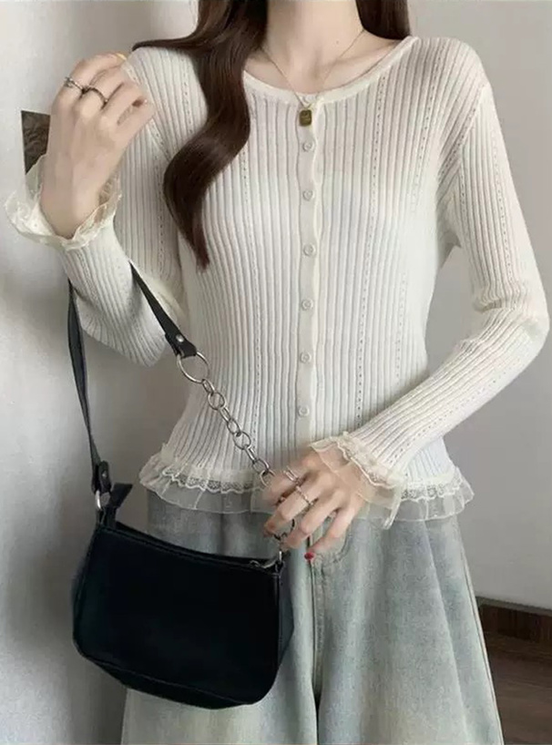 レースフリルリブニットカーディガン