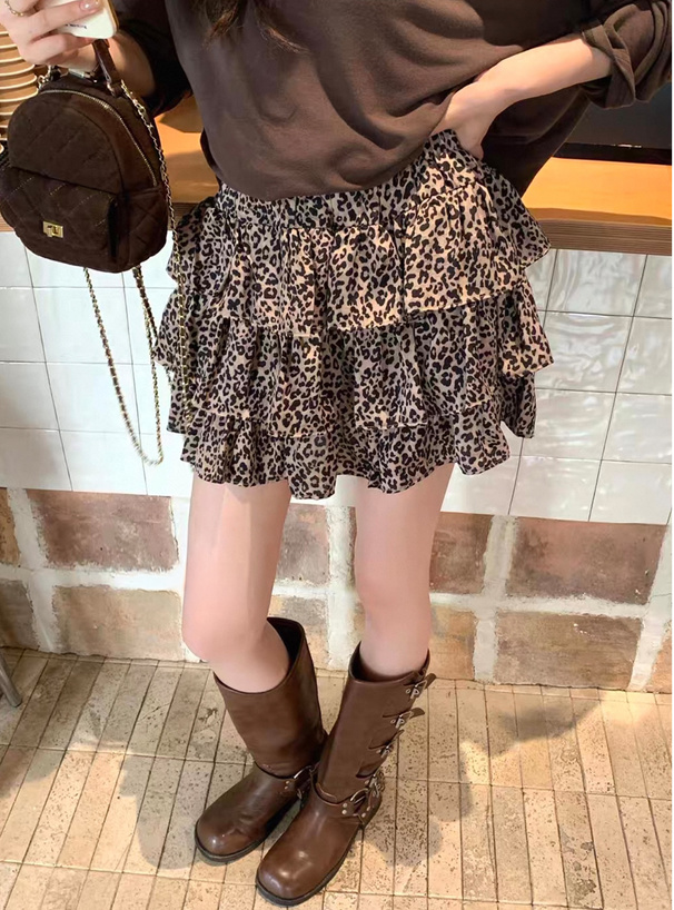 インパン裏地付きレオパード柄ティアードミニスカート[sd185