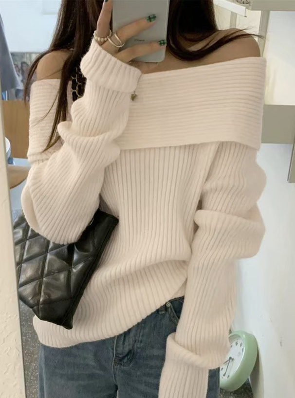 オフショルダーリブニットトップス