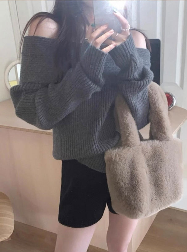 オフショルダーリブニットトップス