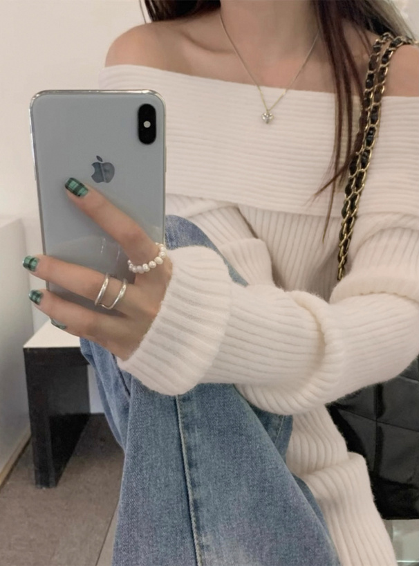 オフショルダーリブニットトップス