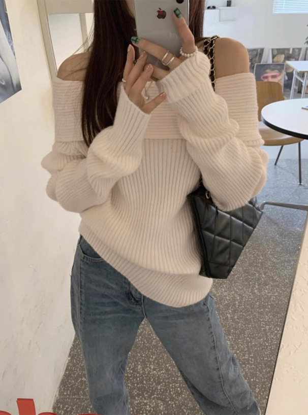 オフショルダーリブニットトップス