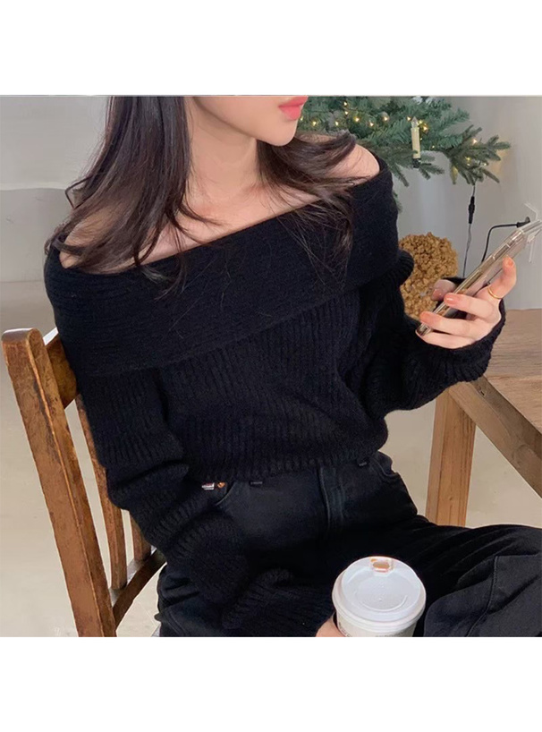 オフショルダーリブニットトップス