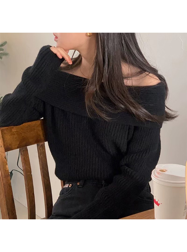 オフショルダーリブニットトップス