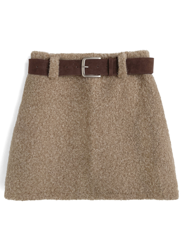 インパン裏地・ベルト付きボアミニスカート