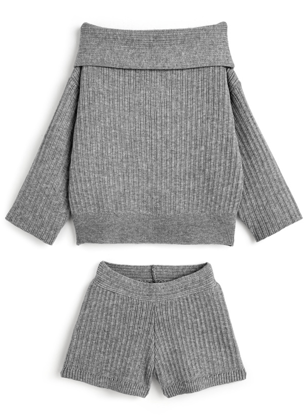 PG 2点セット　トップス＋ショートパンツ オフショルダートップス×ショートパンツニットセットアップ[sd213