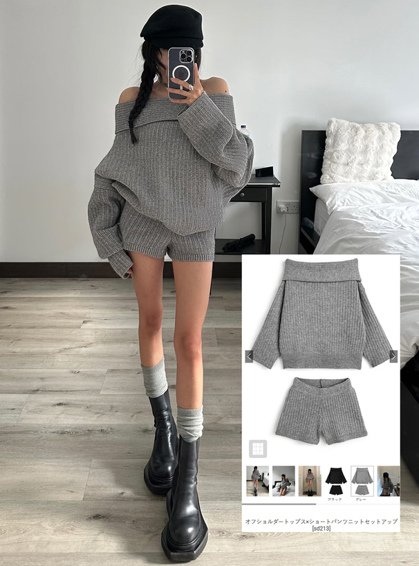 オフショルダートップス×ショートパンツニットセットアップ[sd213