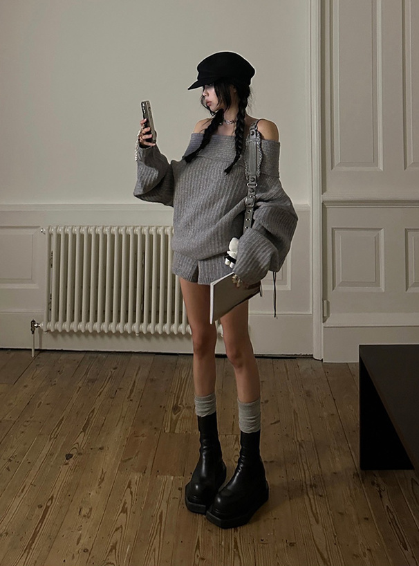 ベルシジア　MOAT ショートパンツとニット帽セット オフショルダートップス×ショートパンツニットセットアップ[sd213