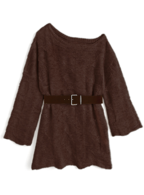 ベルト付きワンショルダーニットワンピース