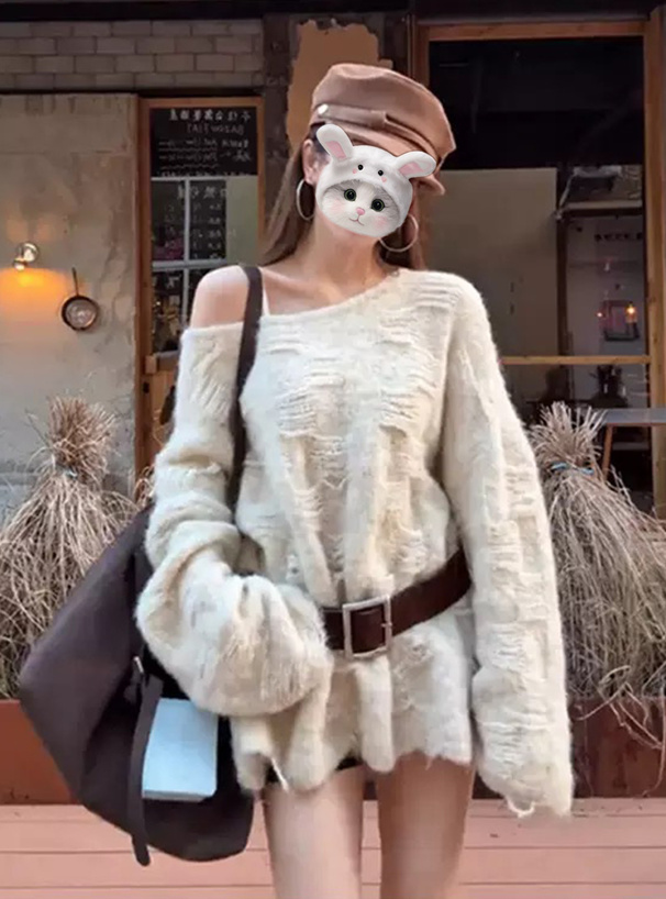 ベルト付きワンショルダーニットワンピース