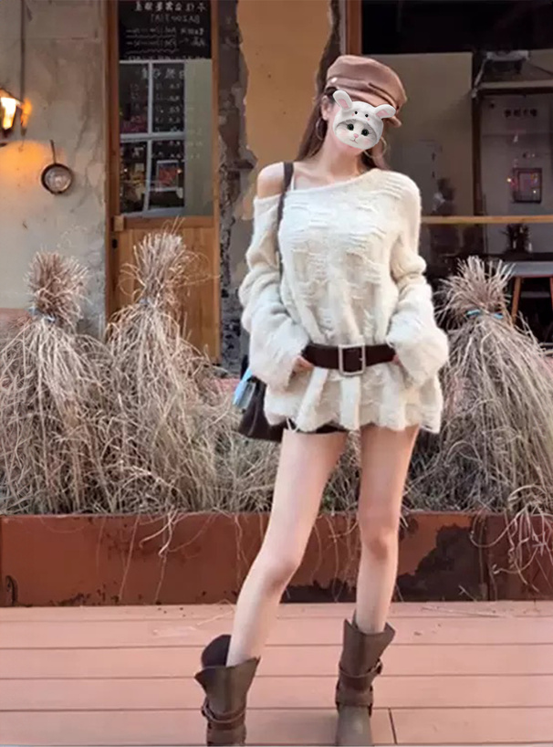 ベルト付きワンショルダーニットワンピース