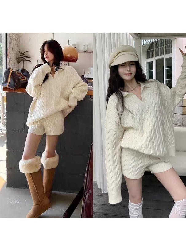 スキッパーケーブル編みニットトップス×ショートパンツセットアップ