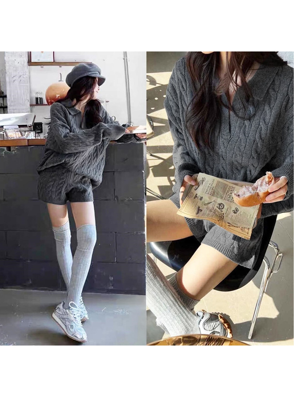 スキッパーケーブル編みニットトップス×ショートパンツセットアップ