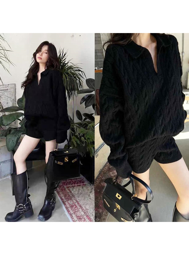 スキッパーケーブル編みニットトップス×ショートパンツセットアップ