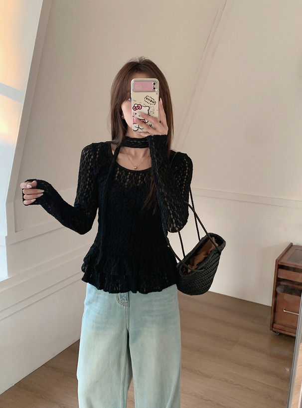 タイ付きフラワーレースフリルトップス