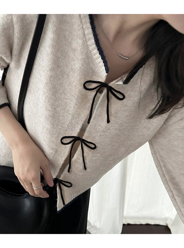 配色リボンニットカーディガン