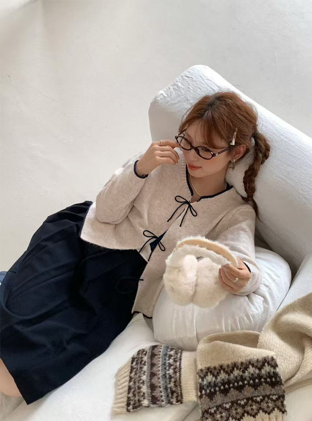 配色リボンニットカーディガン