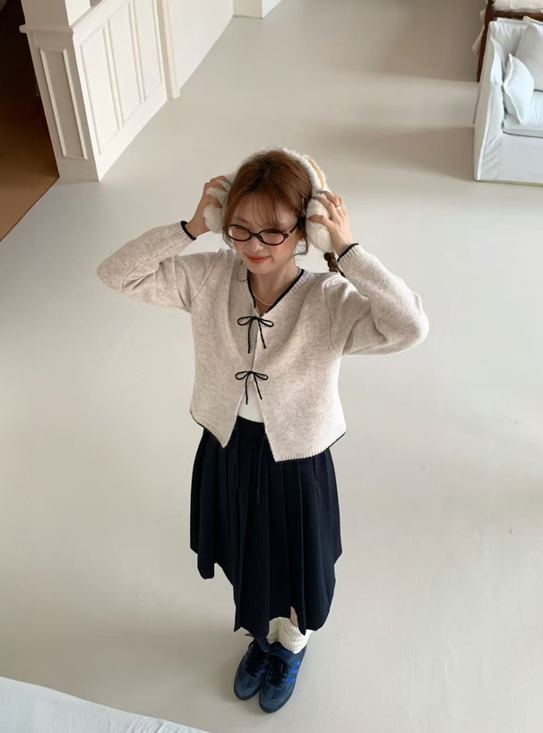 配色リボンニットカーディガン