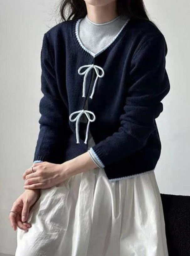 配色リボンニットカーディガン