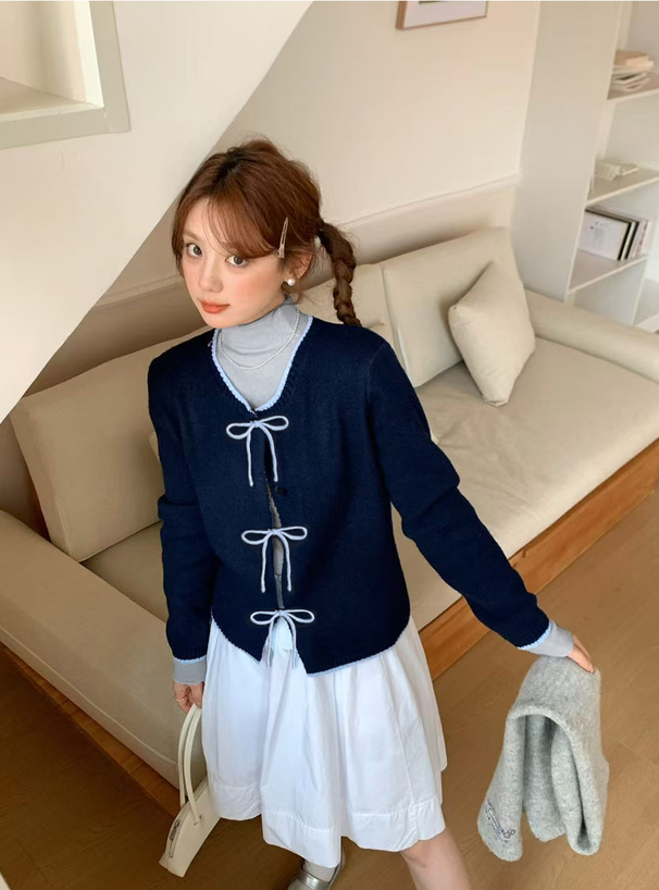 配色リボンニットカーディガン