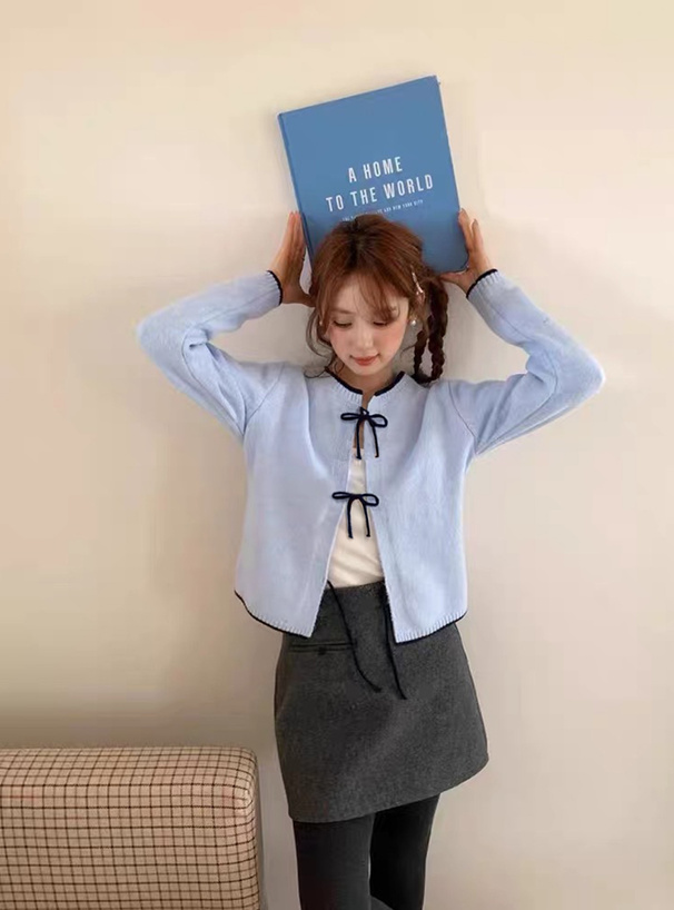 配色リボンニットカーディガン