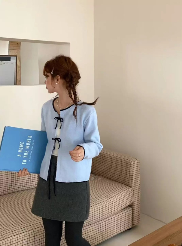 配色リボンニットカーディガン