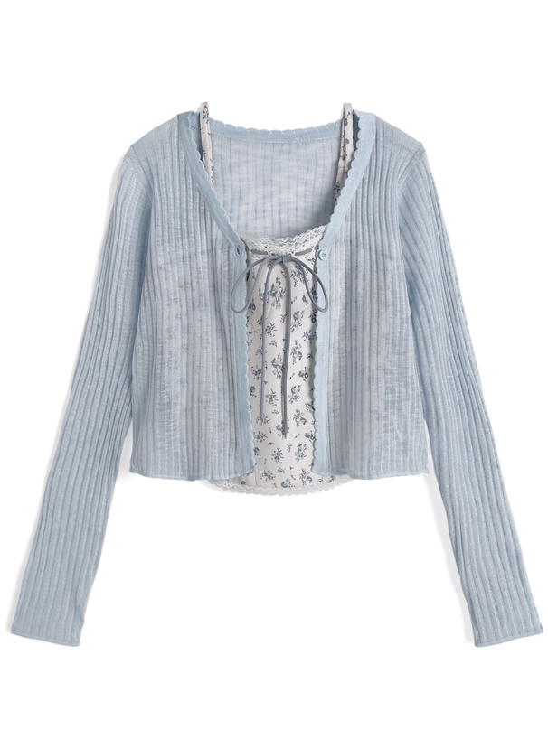 花柄キャミソール×シアーニットカーディガンアンサンブル