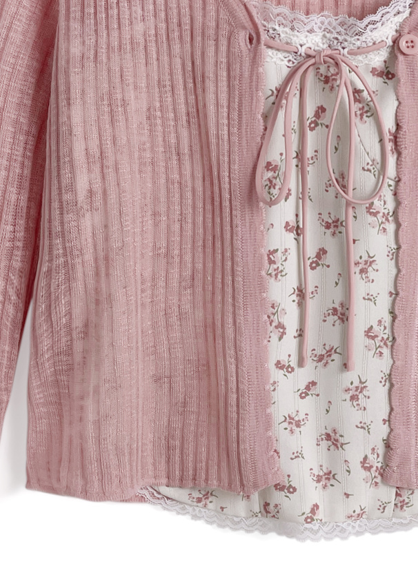 花柄キャミソール×シアーニットカーディガンアンサンブル