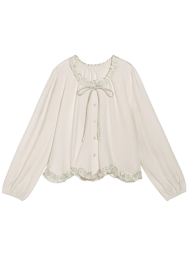 ドット柄フリルリボンカーディガン