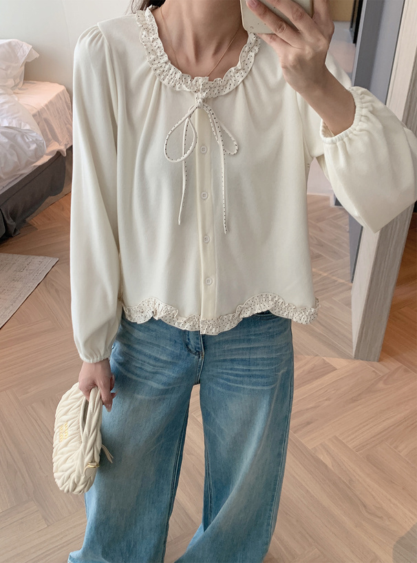 ドット柄フリルリボンカーディガン