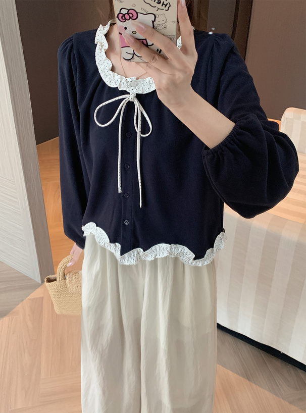 ドット柄フリルリボンカーディガン