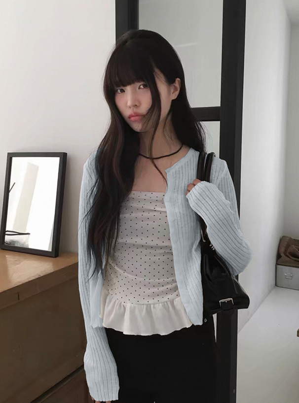 キーネックシアーリブニットカーディガン