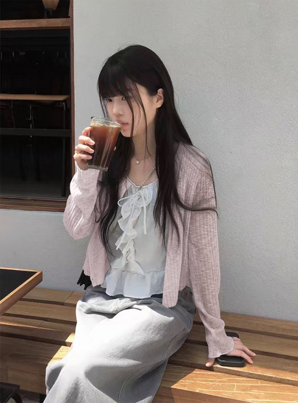 キーネックシアーリブニットカーディガン