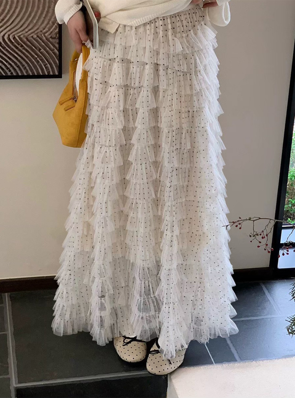 ドット柄チュールティアードロングスカート