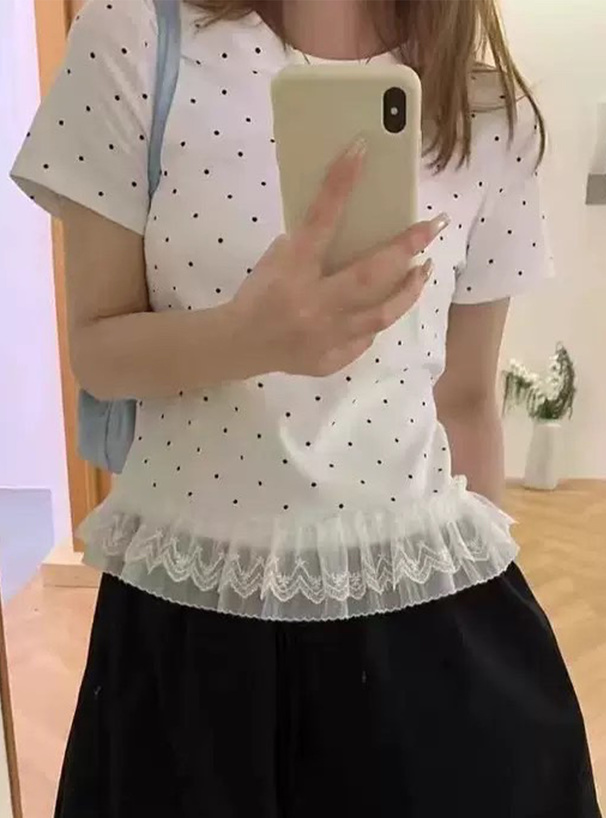 ドット柄レースドッキングトップス